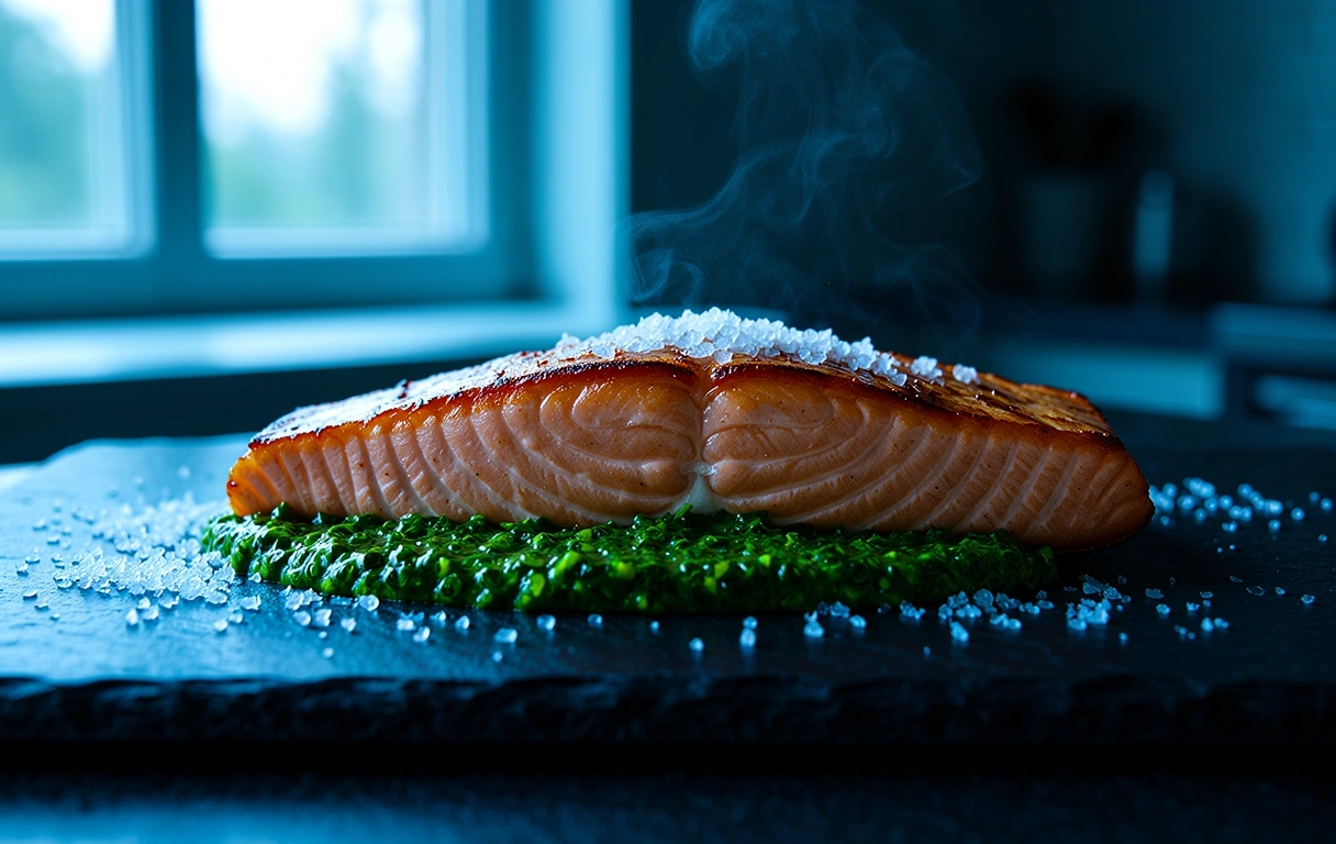 Frisch zubereitetes Gourmet-Gericht in kühlem Morgenlicht